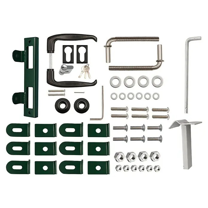 FA-Bausysteme Zauntor Basic - 1,2 x 0,8 m, Stahl, Moosgrün, 1-Flügel - Ansicht eines neuen Gartentors Beschlagsatzes mit Griffen, Schrauben, Halterungen, Schlüsseln, Bolzen und Scheiben.