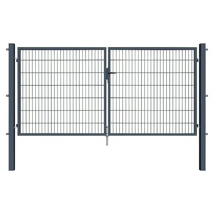 FA-Bausysteme Zauntor Basic - 3 x 1,4 m, Stahl, Anthrazit, 2-Flügel - Ein graues Gartentor aus Metall mit einem Gittermuster, das für Sicherheit und einen modernen Look sorgt. Ideal für den Eingangsbereich.