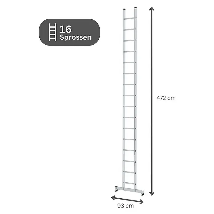 Proregal Anlegeleiter mit nivello®-Traverse - Anzahl Tritte: 16 Stk., Arbeitshöhe: 5.800 mm, Belastbarkeit: 150 kg, Aluminium - Aluminiumleiter mit 16 Sprossen, 472 cm hoch, 93 cm breiter Fuß.