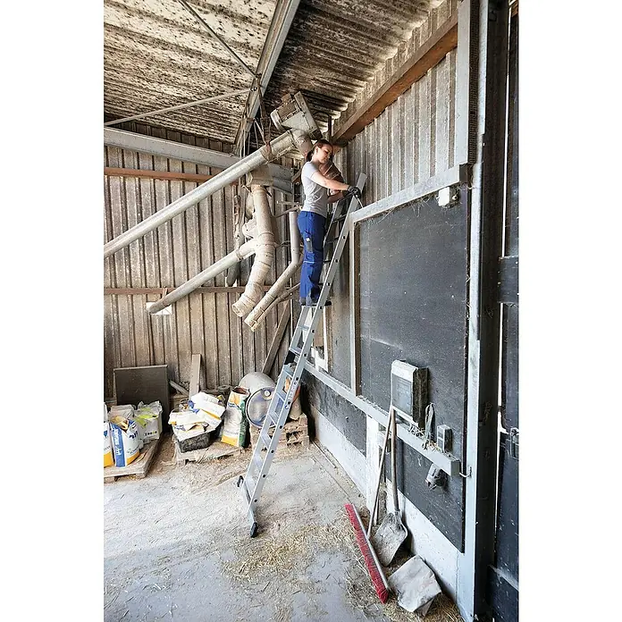 Proregal Anlegeleiter mit Standard-Traverse - Anzahl Tritte: 12 Stk., Arbeitshöhe: 4.300 mm, Belastbarkeit: 150 kg, Aluminium - Silberne Aluminiumleiter wird von einer Frau in einem Stall genutzt, um Geräte anzupassen.