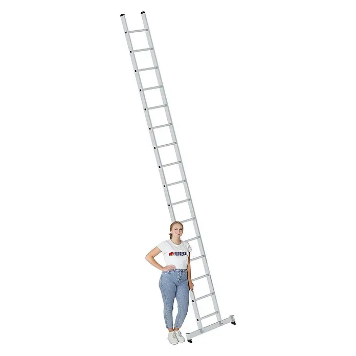 Proregal Anlegeleiter mit nivello®-Traverse - Anzahl Tritte: 16 Stk., Arbeitshöhe: 5.800 mm, Belastbarkeit: 150 kg, Aluminium - Hohe, hellgraue Aluminium-Anlegeleiter, mit Person zur Skalenveranschaulichung.