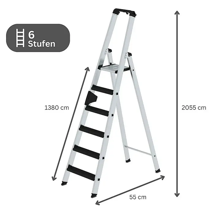Proregal Stehleiter einseitig begehbar - Anzahl Tritte: 6 Stk., Arbeitshöhe: 3.400 mm, Belastbarkeit: 150 kg, Aluminium - Silberne Aluminium-Klappleiter mit 6 schwarzen, rutschfesten Trittstufen.