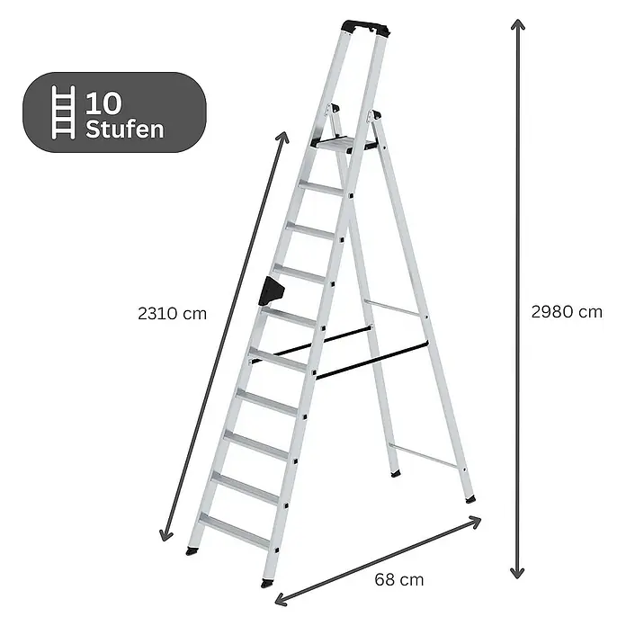 Proregal Stehleiter einseitig begehbar - Anzahl Tritte: 10 Stk., Arbeitshöhe: 4.350 mm, Belastbarkeit: 150 kg, Aluminium - Silberne Aluminium-Stehleiter mit 10 Stufen.