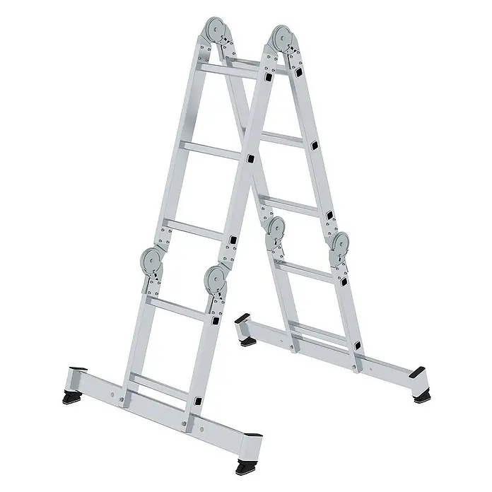 Proregal Mehrzweckleiter 4-teilig - Anzahl Tritte: 4 Stk., Arbeitshöhe: 4.000 mm, Belastbarkeit: 150 kg, Aluminium - Eine verstellbare Mehrzweckleiter aus silbernem Aluminium in A-Form.