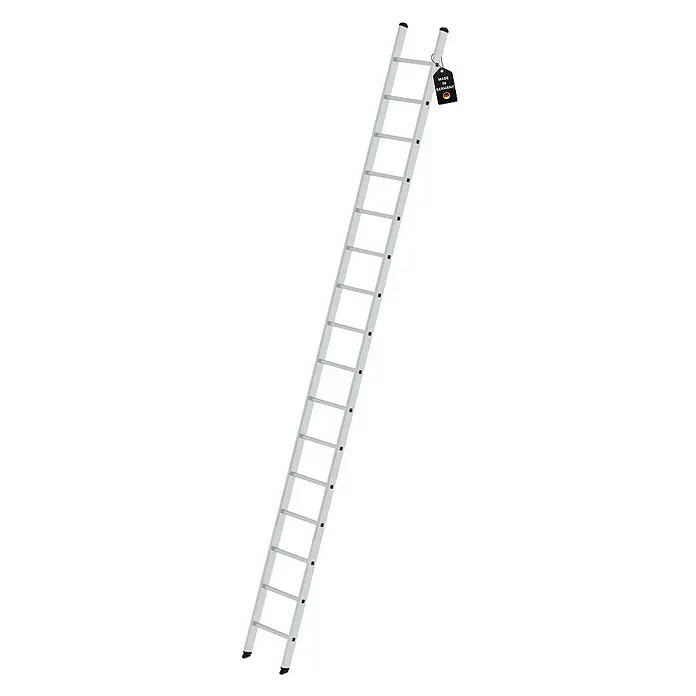 Proregal Anlegeleiter mit 16 Sprossen - Anzahl Tritte: 16 Stk., Arbeitshöhe: 5.800 mm, Belastbarkeit: 150 kg, Aluminium - Lange silberne Aluminiumleiter mit schwarzen Stufen und Füßen, mit 'Made in Germany'-Anhänger.