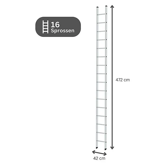 Proregal Anlegeleiter mit 16 Sprossen - Anzahl Tritte: 16 Stk., Arbeitshöhe: 5.800 mm, Belastbarkeit: 150 kg, Aluminium - Silberfarbene Leiter mit 16 Sprossen, 472 cm hoch und 42 cm breit.