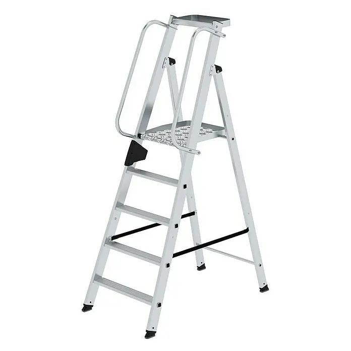Proregal Stehleiter mit 5 Stufen - Anzahl Tritte: 5 Stk., Belastbarkeit: 150 kg, Aluminium - Silberne Aluminium-Stehleiter mit großer rutschfester Plattform und integrierten Handläufen für sicheren Zugang.
