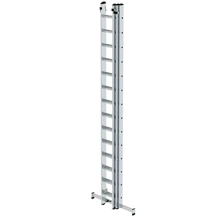 Proregal Schiebeleiter 3-teilig - Anzahl Tritte: 24 Stk., Arbeitshöhe: 6.900 mm, Belastbarkeit: 150 kg, Aluminium - Hohe, mehrteilige Aluminium-Anlegeleiter mit schwarzen Füßen.