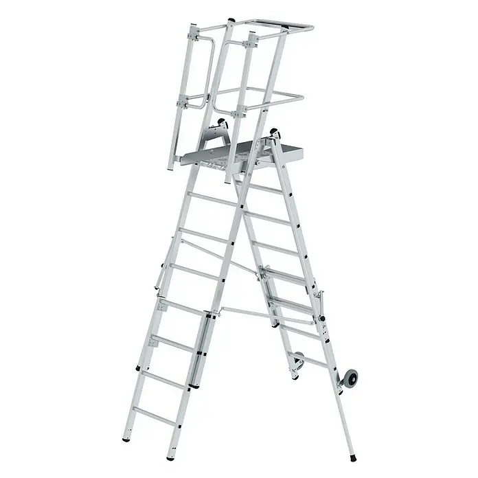 Proregal Stehleiter Plattformleiter Flexstep - Anzahl Tritte: 6 Stk., Belastbarkeit: 150 kg, Aluminium - Silberfarbene Aluminium-Gerüstleiter mit stabiler Arbeitsplattform, Handläufen und Transporträdern.