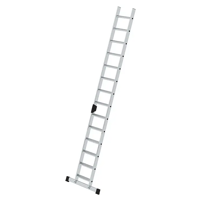 Proregal Anlegeleiter mit Standard-Traverse - Anzahl Tritte: 14 Stk., Arbeitshöhe: 4.800 mm, Belastbarkeit: 150 kg, Aluminium - Silberne Aluminium-Ausziehleiter mit schwarzen Anti-Rutsch-Füßen und Verriegelungsmechanismus.