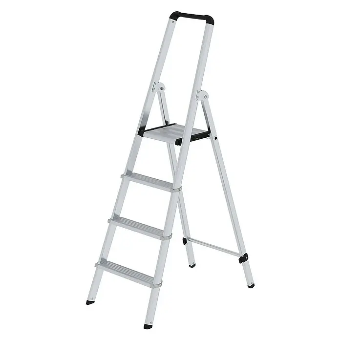 Proregal Stehleiter einseitig begehbar - Anzahl Tritte: 4 Stk., Arbeitshöhe: 2.950 mm, Belastbarkeit: 150 kg, Aluminium - Silberne Aluminium-Trittleiter mit drei Stufen, einer oberen Standfläche und einem schwarzen Haltegriff für Stabilität, inklusive schwarzer Antirutschfüße.