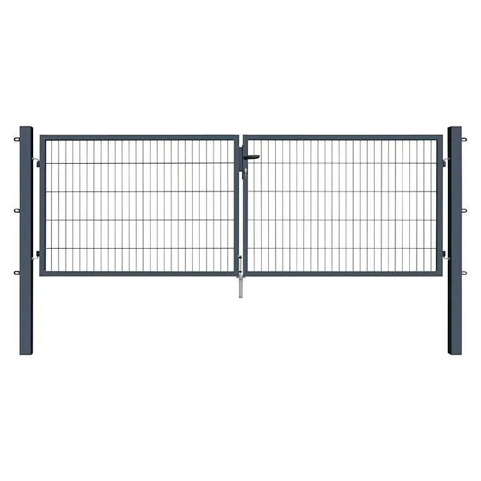 FA-Bausysteme Zauntor Basic - 3 x 1 m, Stahl, Anthrazit, 2-Flügel - Bild einer grauen Doppeltor-Gitterstruktur, ideal für den Außenbereich, bietet Sicherheit und Stil für jedes Grundstück.