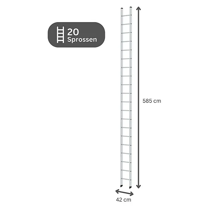 Proregal Anlegeleiter mit 20 Sprossen - Anzahl Tritte: 20 Stk., Arbeitshöhe: 6.900 mm, Belastbarkeit: 150 kg, Aluminium - Silbergraue Leiter mit 20 Sprossen, 585 cm lang und 42 cm breit, mit Maßangaben.