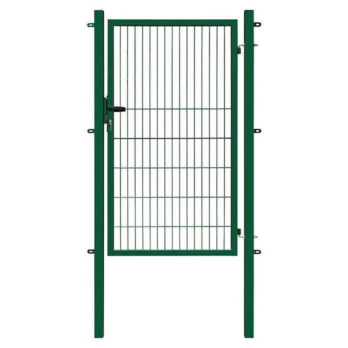 FA-Bausysteme Zauntor Basic - 1,2 x 1,6 m, Stahl, Moosgrün, 1-Flügel - Abbildung eines grünen Metallzauntors mit Gitterstruktur und einem soliden unteren Teil, ideal für Sicherheit und Privatsphäre.