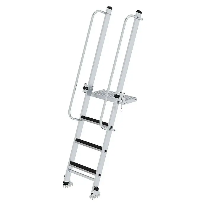 Proregal Anlegeleiter Baugrubenleiter mit 4 Stufen - Anzahl Tritte: 4 Stk., Belastbarkeit: 150 kg, Aluminium - Silberne Aluminiumleiter mit schwarzen Stufen, integrierter Plattform und gezackten Füßen für sicheren Halt.