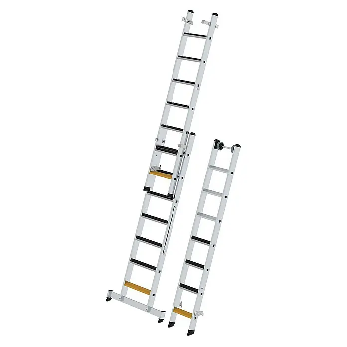 Proregal Mehrzweckleiter 3-teilig - Anzahl Tritte: 21 Stk., Arbeitshöhe: 6.100 mm, Belastbarkeit: 150 kg, Aluminium - Zwei silberne Aluminiumleitern, eine ausziehbar und eine kleiner, mit schwarzen und gelben rutschfesten Sprossen.