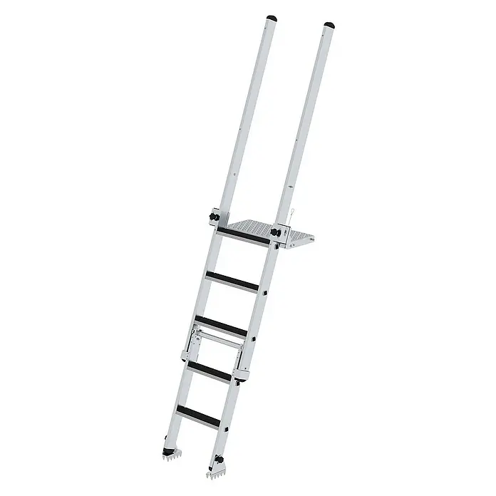 Proregal Anlegeleiter Baugrubenleiter mit 4 Stufen - Anzahl Tritte: 4 Stk., Belastbarkeit: 150 kg, Aluminium - Silberne Aluminiumleiter mit verstellbarer Plattform und spitzen Füßen.