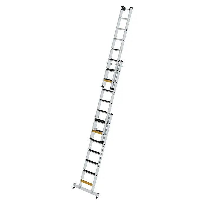 Proregal Mehrzweckleiter 3-teilig - Anzahl Tritte: 21 Stk., Arbeitshöhe: 6.100 mm, Belastbarkeit: 150 kg, Aluminium - Silberne Aluminium-Ausziehleiter mit gelben und schwarzen Details.