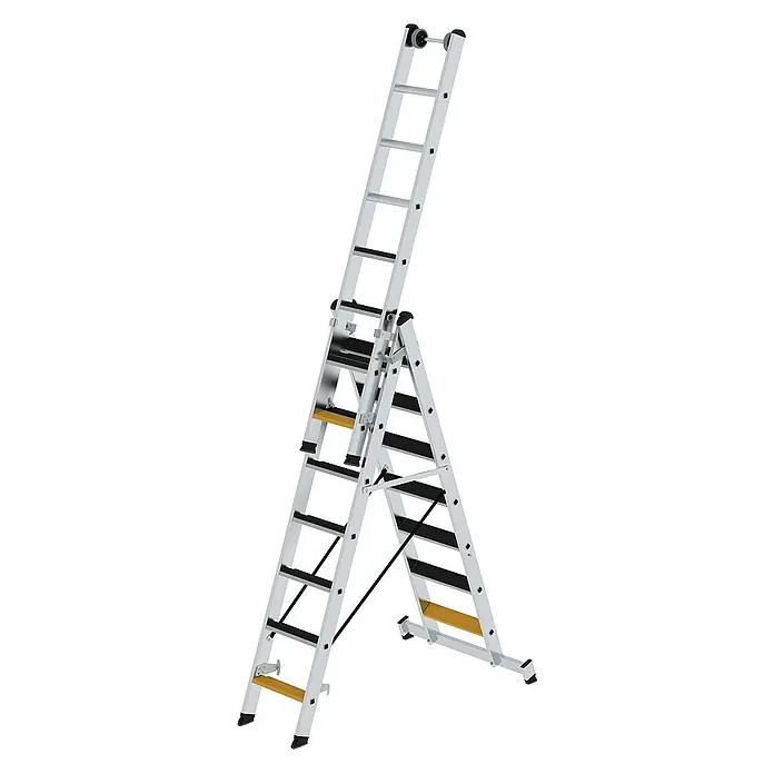 Proregal Mehrzweckleiter 3-teilig - Anzahl Tritte: 21 Stk., Arbeitshöhe: 6.100 mm, Belastbarkeit: 150 kg, Aluminium - Silberne Aluminium-Mehrzweckleiter mit schwarzen Stufen und gelben Stabilisatoren, im A-Form-Ausbau, mit Rollen oben.
