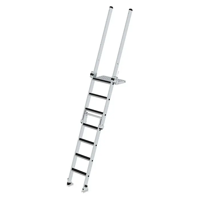 Proregal Anlegeleiter Baugrubenleiter mit 4 Stufen - Anzahl Tritte: 4 Stk., Belastbarkeit: 150 kg, Aluminium - Silberne Aluminiumleiter mit schwarzen rutschfesten Sprossen, integrierter Arbeitsplattform und verstellbaren Füßen.