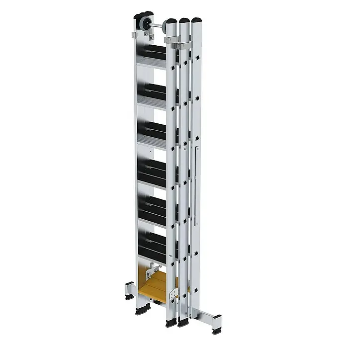 Proregal Mehrzweckleiter 3-teilig - Anzahl Tritte: 21 Stk., Arbeitshöhe: 6.100 mm, Belastbarkeit: 150 kg, Aluminium - Silberne Aluminium-Mehrzweckleiter mit schwarzen Sprossen, Holzplattform und oberen Rollen zur einfachen Verlängerung und Bewegung.