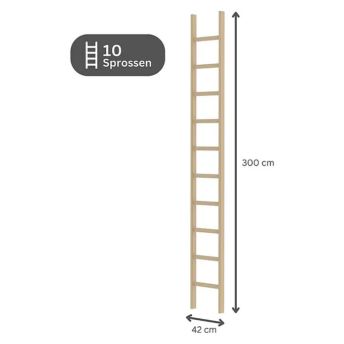 Proregal Anlegeleiter mit 10 Sprossen - Anzahl Tritte: 10 Stk., Arbeitshöhe: 4.100 mm, Belastbarkeit: 150 kg, Holz - Helle Holzleiter mit 10 Sprossen, 300 cm hoch und 42 cm breit.
