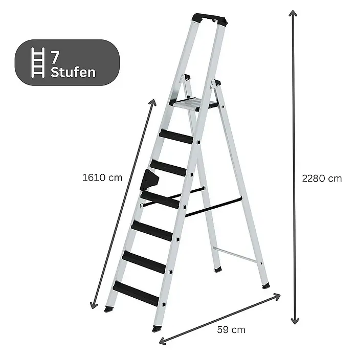 Proregal Stehleiter einseitig begehbar - Anzahl Tritte: 7 Stk., Arbeitshöhe: 3.650 mm, Belastbarkeit: 150 kg, Aluminium - Silberne Aluminium-Klappleiter mit 7 schwarzen Stufen.