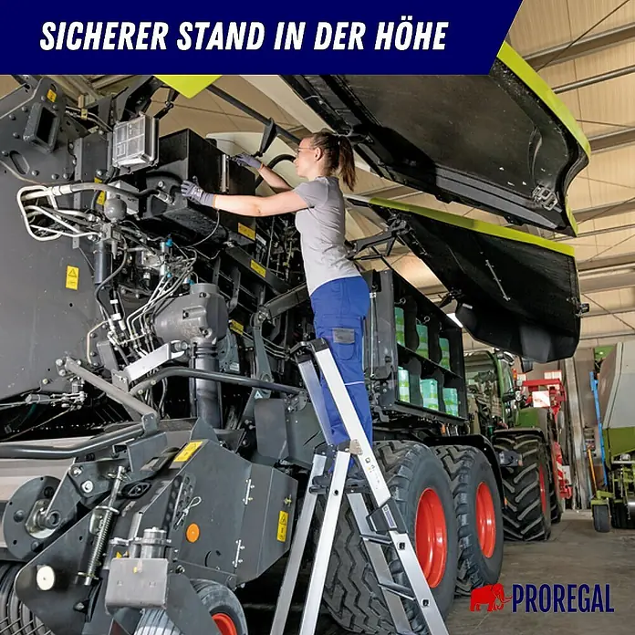 Proregal Stehleiter einseitig begehbar - Anzahl Tritte: 7 Stk., Arbeitshöhe: 3.650 mm, Belastbarkeit: 150 kg, Aluminium - Silberne Aluminium-Stehleiter, die einer Person sicheren Stand auf hoher Maschine bietet. Stabil für Arbeiten in der Höhe.