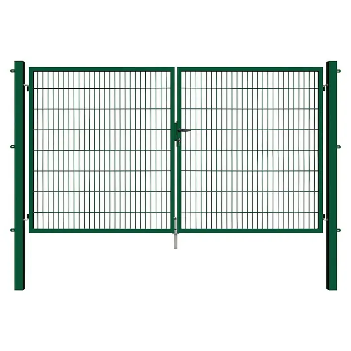 FA-Bausysteme Zauntor Basic - 3 x 1,6 m, Stahl, Moosgrün, 2-Flügel - Das Bild zeigt ein grünes Metalltor mit einem grauen Sockel, das einen sicheren und stabilen Zugang gewährleistet. Die Gitterstruktur bietet Schutz.