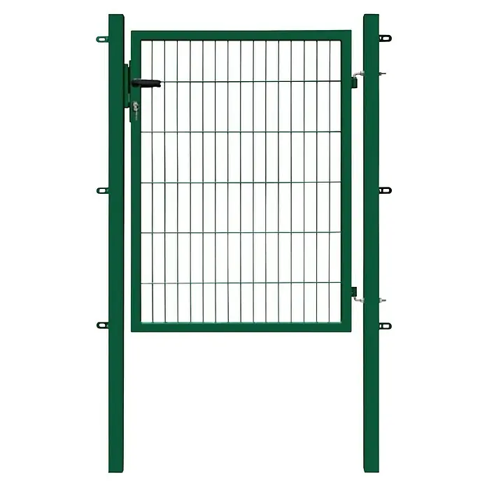 FA-Bausysteme Zauntor Basic - 1 x 1,2 m, Stahl, Moosgrün, 1-Flügel - Bild eines grünen Metalltors mit Gitterstruktur, das Stabilität und Sicherheit für den Außenbereich bietet.