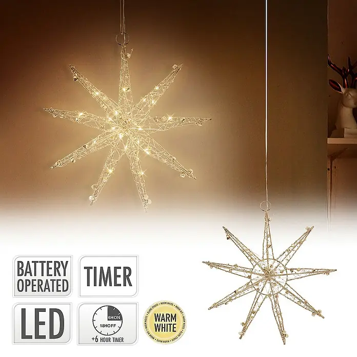 ECD Germany LED-Weihnachtsdekoleuchte Weihnachtsstern Weihnachten Schneeflocke Weihnachtsdeko Fensterdeko - 30 x 4 x 30 cm, Gold, Akkubetrieben, LED
