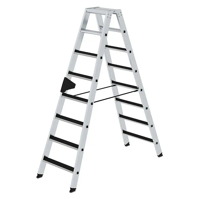 Proregal Doppel-Stehleiter beidseitig begehbar - Anzahl Tritte: 16 Stk., Arbeitshöhe: 3.400 mm, Belastbarkeit: 150 kg, Aluminium - Silberne Aluminium-Klappleiter mit schwarzen Anti-Rutsch-Stufen, Spreizsicherung und Schutzfüßen.
