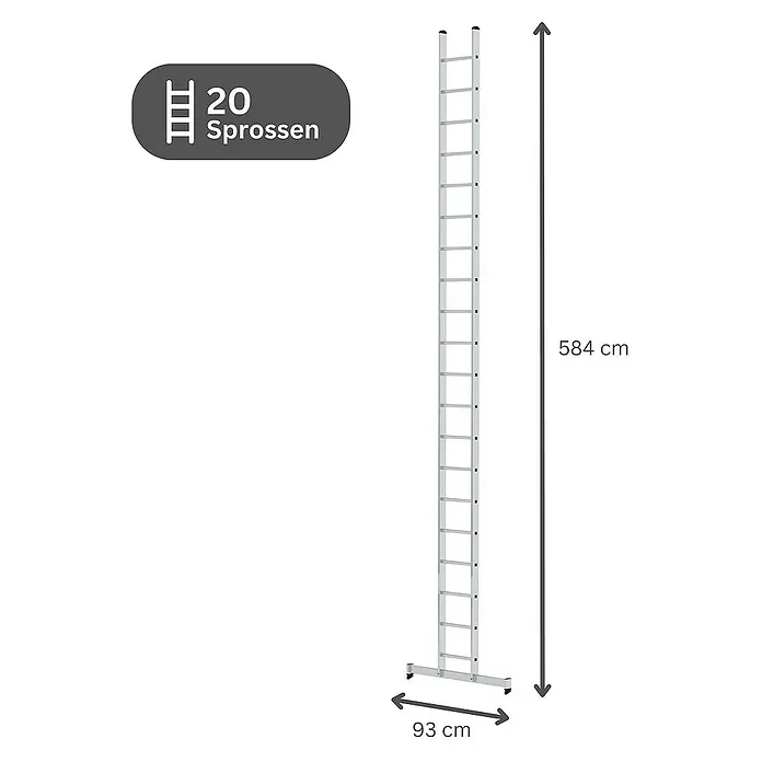 Proregal Anlegeleiter mit nivello®-Traverse - Anzahl Tritte: 20 Stk., Arbeitshöhe: 6.900 mm, Belastbarkeit: 150 kg, Aluminium - Silberne Leiter mit 20 Sprossen, 584 cm hoch und 93 cm breit an der Basis.