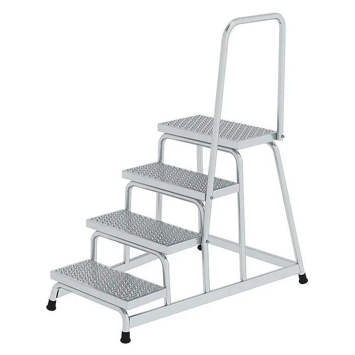 Proregal Treppenpodest Arbeitspodest starr mit 4 Stufen - Anzahl Tritte: 4 Stk., Arbeitshöhe: 2.800 mm, Belastbarkeit: 150 kg, Aluminium - Silberne 4-Stufen-Rolltritt mit texturierten Stufen und Sicherheitsgeländer.