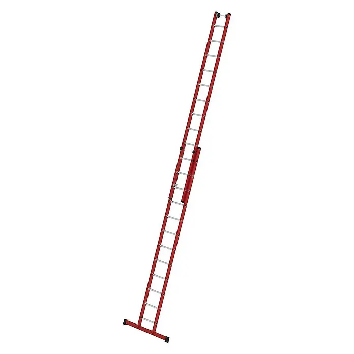 Proregal Schiebeleiter 2x12-Sprossen - Anzahl Tritte: 24 Stk., Arbeitshöhe: 7.200 mm, Belastbarkeit: 150 kg, Aluminium - Rote Ausziehleiter mit silbernen Sprossen, breiter Standtraverse und oberen Rollen für sicheren und erhöhten Zugang.