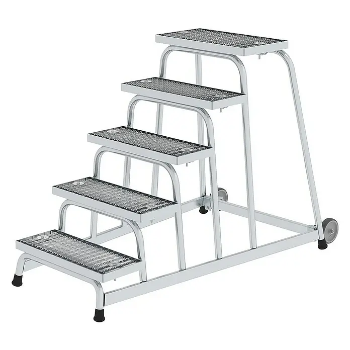Proregal Treppenpodest Arbeitspodest starr mit 5 Stufen - Anzahl Tritte: 5 Stk., Arbeitshöhe: 3.000 mm, Belastbarkeit: 150 kg, Aluminium - Mobile 5-Stufen-Sicherheitsleiter aus silbernem Metall mit rutschfesten Trittflächen und Rollen.