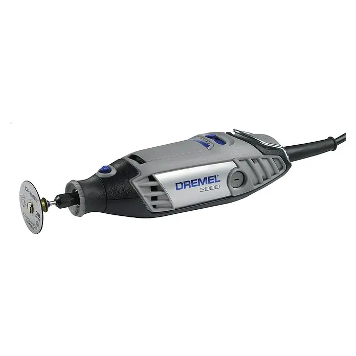 Dremel Multifunktionswerkzeug 3000-5 - 130 W - Ein Dremel 3000 Multifunktionswerkzeug mit montierter Trennscheibe, ideal zum Schneiden und Schleifen in verschiedenen Materialien.
