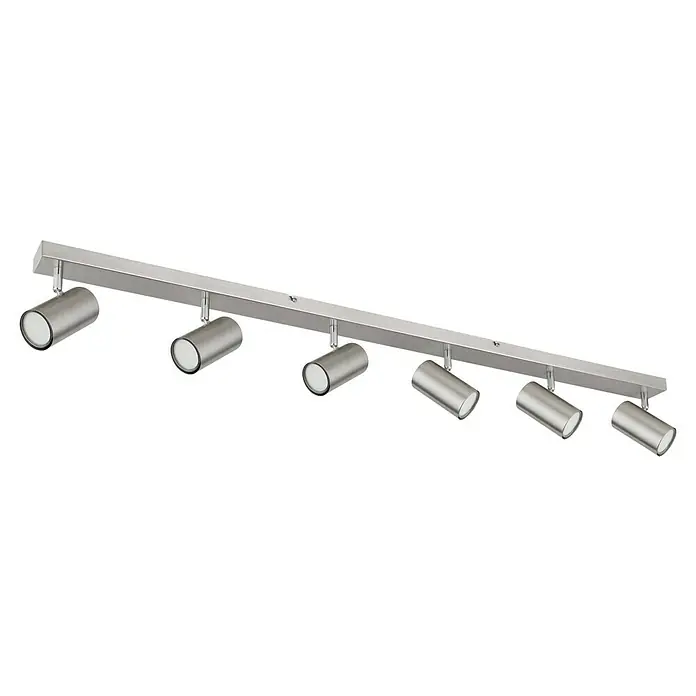 Globo Deckenstrahler Robby - 35 W, L x B x H: 115 x 6 x 12 cm, Grau, GU10 - Eine silberfarbene Deckenleuchte mit sechs Strahlern, die für eine moderne und effiziente Beleuchtung sorgt. Das elegante Design passt perfekt in jedes Interieur.