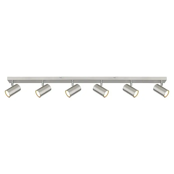 Globo Regleta Robby - 35 W, L x An x Al: 115 x 60 x 120 cm, Gris, GU10 - Lámpara de techo rectangular con seis focos giratorios de metal cepillado para una iluminación dirigida a la habitación.