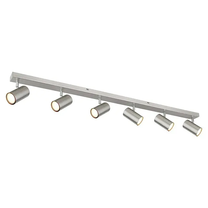 Globo Deckenstrahler Robby - 35 W, L x B x H: 115 x 6 x 12 cm, Grau, GU10 - Nahaufnahme einer modernen Deckenleuchte mit sechs Strahlern aus gebürstetem Metall, die warmes Licht spenden.