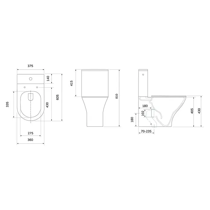 Pack de WC New 2010 - Con borde de descarga, Salida dual, Blanco - Dibujo técnico de un inodoro con todas las dimensiones para la instalación, incluyendo altura, anchura y profundidad.