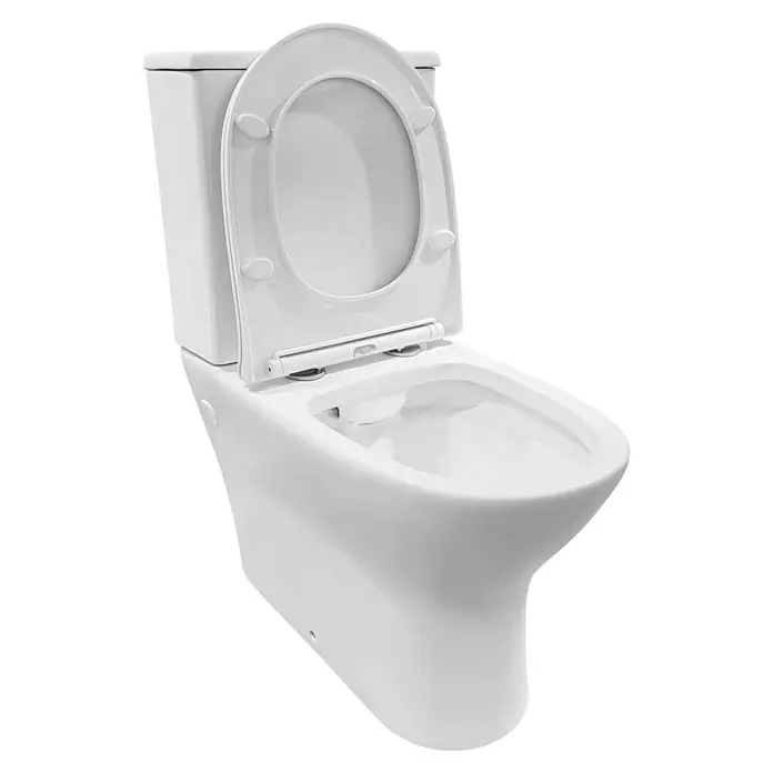 Pack de WC New 2010 - Con borde de descarga, Salida dual, Blanco - Primer plano de un inodoro blanco con la tapa abierta, mostrando un diseño de baño moderno e higiénico.