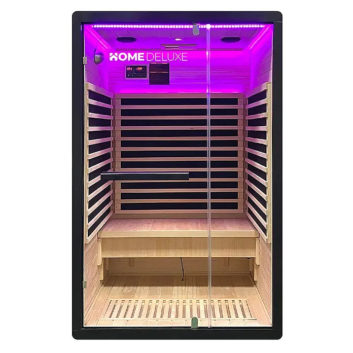 Home Deluxe Elementsauna NERO M - Sonstige, Steuerung Ofen: Integriert - Moderne Infrarotsauna mit hellem Holzinterieur, schwarzem Rahmen, Glastür und violetter LED-Beleuchtung.