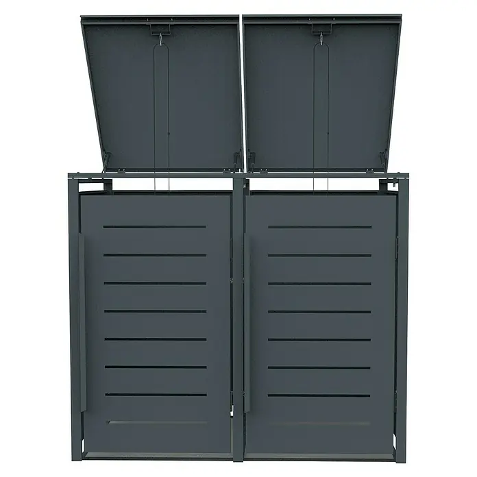 FA-Bausysteme Mülltonnenbox - Stahl, Schwarz, Geeignet für Anzahl Mülltonnen: 2 Stk. - Moderne Mülltonnenbox mit zwei Füllklappen und Türen mit horizontalen Schlitzen, ideal zur stilvollen Aufbewahrung von Mülltonnen im Außenbereich.