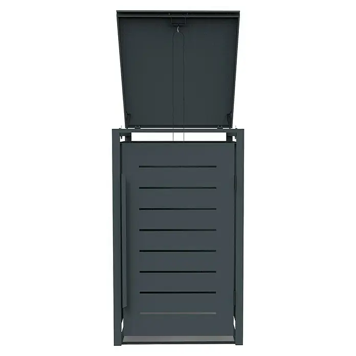FA-Bausysteme Mülltonnenbox - Stahl, Schwarz, Geeignet für Anzahl Mülltonnen: 1 Stk. - Graue Mülltonnenbox mit offenem Deckel und horizontalen Lamellen. Bietet diskrete Mülltonnenaufbewahrung im Außenbereich.