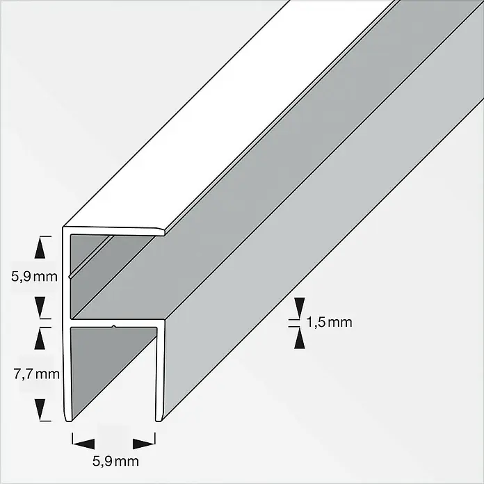 Clampline Eckprofil - L x S: 1.000 x 1,5 mm, Silber, Passend für: 6 mm Plattenstärke - Querschnitt eines H-förmigen Aluminiumprofils mit Maßangaben.