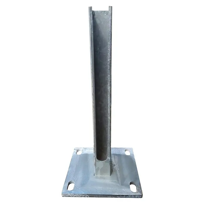 FA-Bausysteme Standfuß Quadrat - Passend für: 40 x 60 mm Pfosten, Zink - Eine Metallstruktur, die eine quadratische Basis und einen vertikalen Träger mit einem U-förmigen Profil aufweist. Ideal für stabile Konstruktionen.