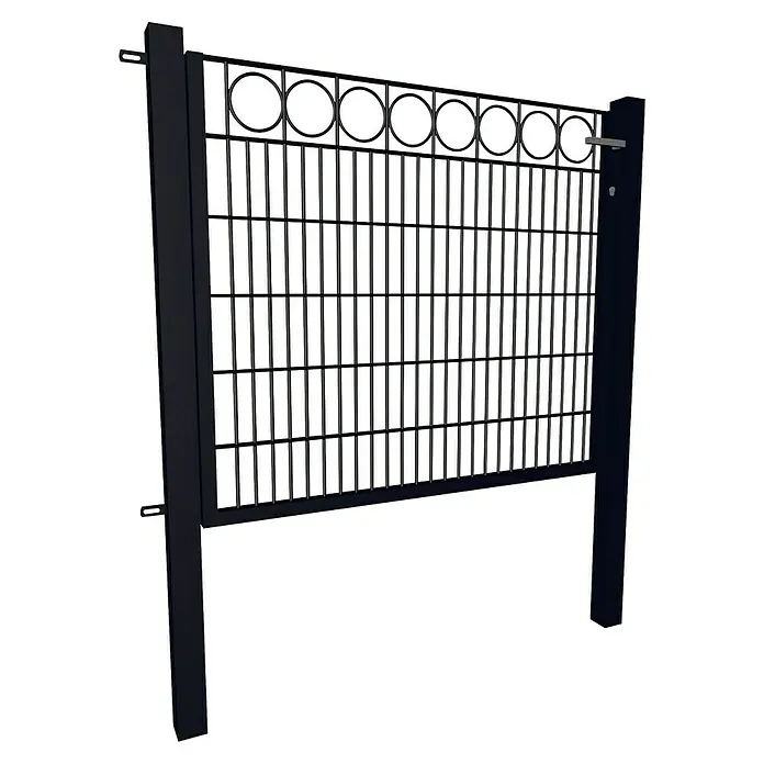 FA-Bausysteme Zauntor Decor Ring - 1 x 1,2 m, Stahl, Anthrazit, 1-Flügel - Ein dunkles Metallgitter mit runden Ausschnitten oben und vertikalen Stäben darunter, das eine moderne und robuste Ästhetik bietet.