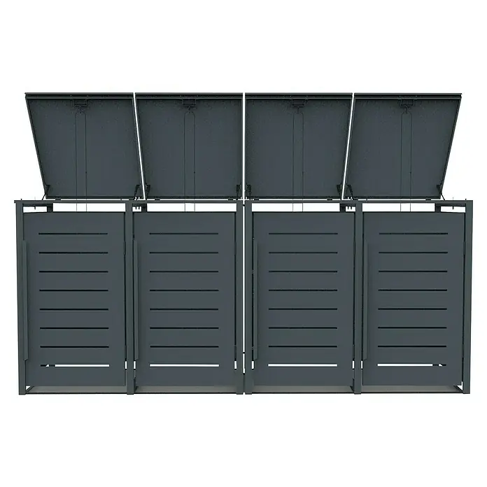 FA-Bausysteme Mülltonnenbox - Stahl, Schwarz, Geeignet für Anzahl Mülltonnen: 4 Stk. - Bild eines Mülltonnenbox-Sets mit vier Boxen, die jeweils eine Lamellenfront und einen aufklappbaren Deckel haben.