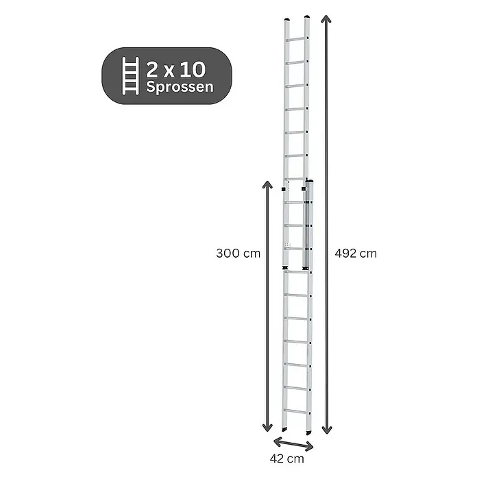 Proregal Schiebeleiter 2-teilig - Anzahl Tritte: 20 Stk., Arbeitshöhe: 6.000 mm, Belastbarkeit: 150 kg, Aluminium - Silberne Aluminium-Ausziehleiter, 2x10 Sprossen, max. 492 cm Höhe, 42 cm Breite.